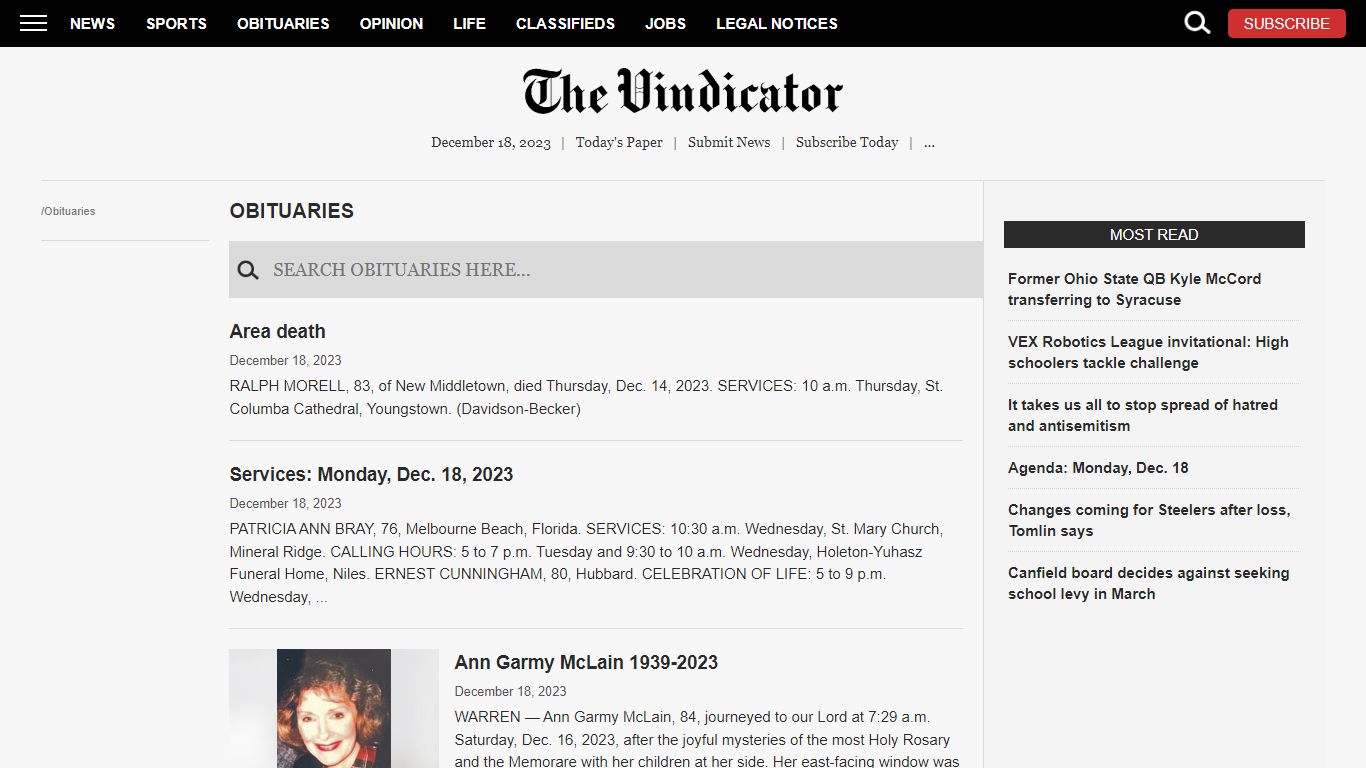 Obituaries | News, Sports, Jobs - The Vindicator