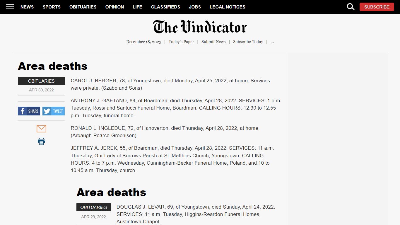Area deaths | News, Sports, Jobs - The Vindicator