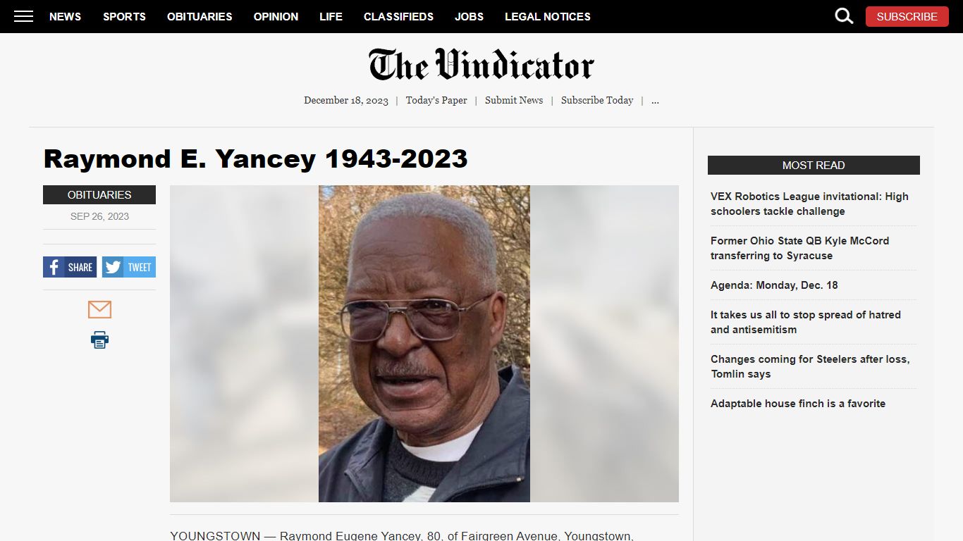 Raymond E. Yancey 1943-2023 | News, Sports, Jobs - The Vindicator